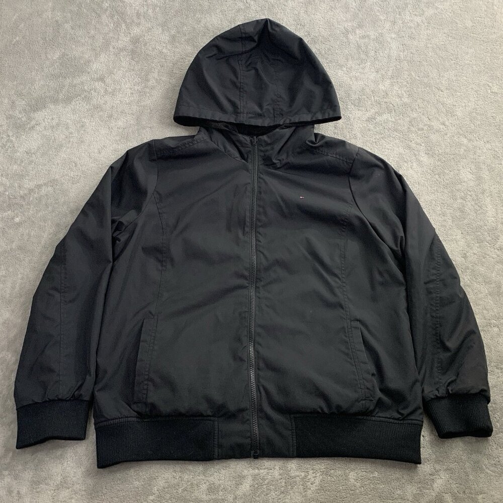 Tommy Hilfiger Jacket Womens XL Black Reversible Windbreaker Hooded Full Zip